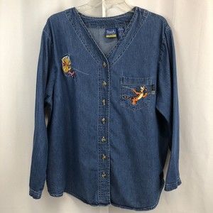 Vintage 90's Winnie The Pooh Disney Womens 20W Embroidered Denim Button Up Shirt